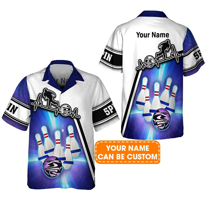 Bowling Hawaiian Shirt Custom Name - Blue Bowling 5 Pins Personalized Aloha Hawaiian Shirt - Gift For Friend, Family, Bowling Lovers - Image 2