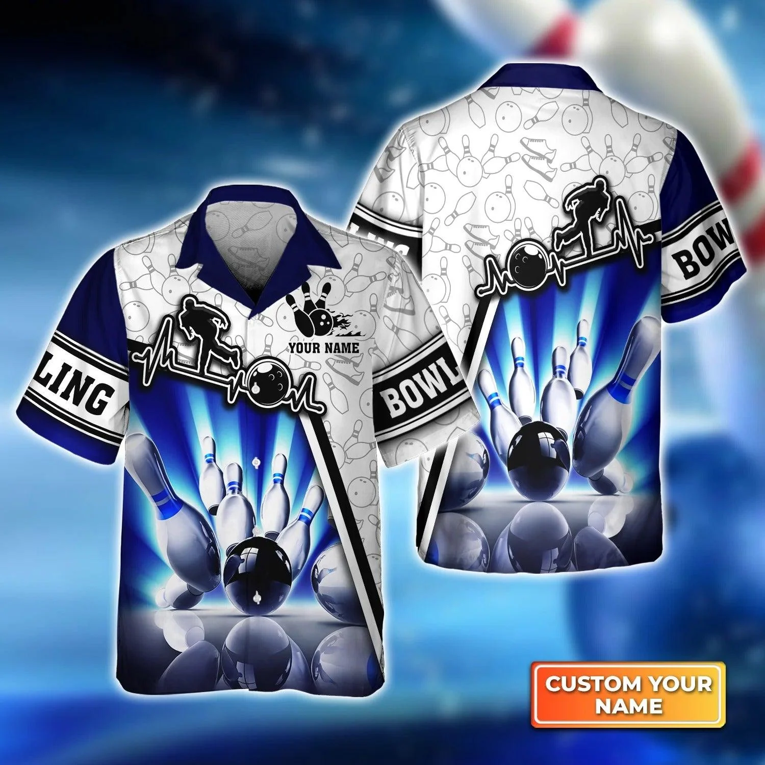 Bowling Hawaiian Shirt Custom Name - Blue Neonlights Bowling Personalized Aloha Hawaiian Shirt - Gift For Friend, Family, Bowling Lovers