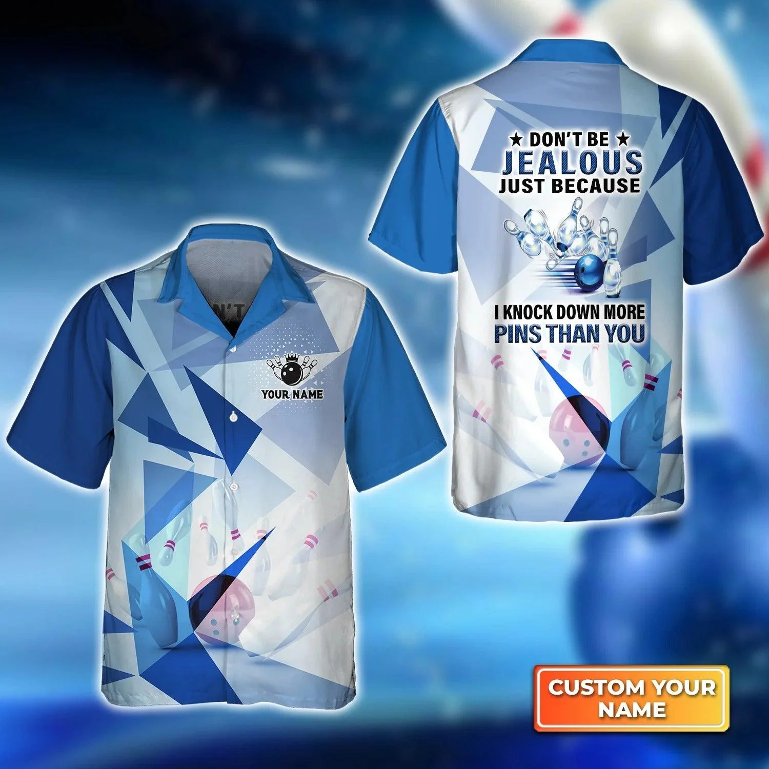 Bowling Hawaiian Shirt Custom Name - Blue Pattern Bowling Personalized Aloha Hawaiian Shirt - Gift For Friend, Family, Bowling Lovers
