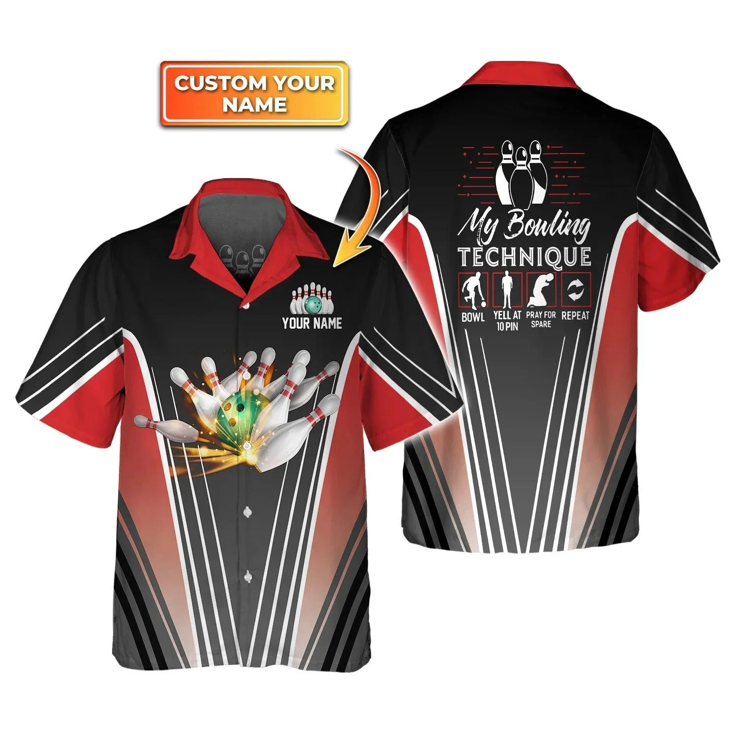Bowling Hawaiian Shirt Custom Name - Bowling In Red My Bowling Technique Personalized Aloha Hawaiian Shirt - Gift For Friend, Family, Bowling Lovers - Image 2