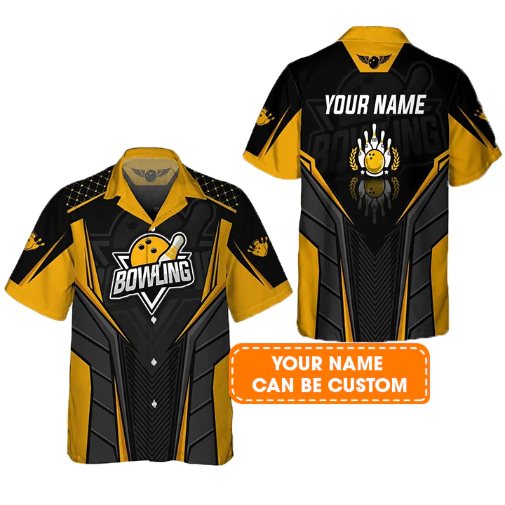 Bowling Hawaiian Shirt Custom Name - Bowling Pin And Bowl Ball Yellow Personalized Aloha Hawaiian Shirt - Gift For Friend, Family, Bowling Lovers - Image 2