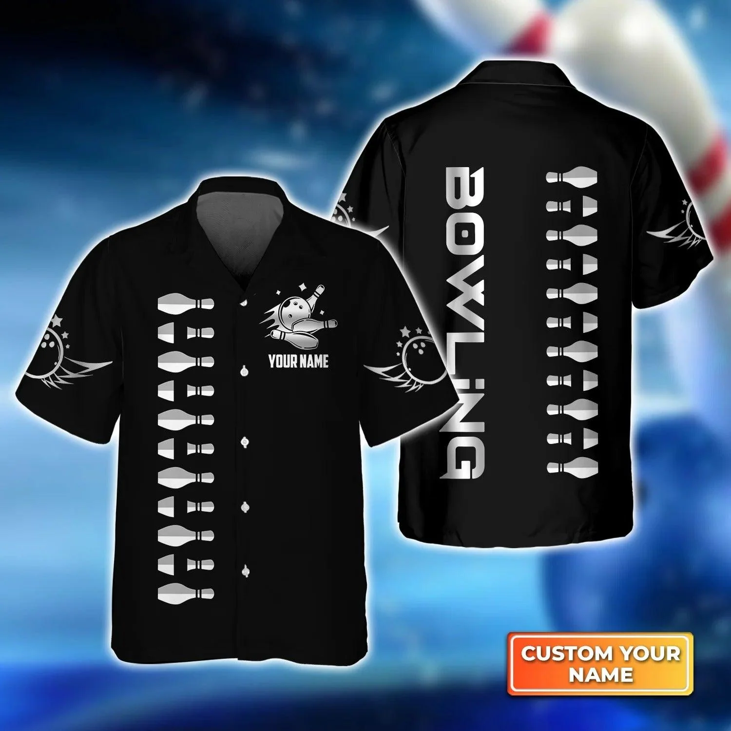 Bowling Hawaiian Shirt Custom Name - Bowling Strike Black And White Personalized Aloha Hawaiian Shirt - Gift For Friend, Family, Bowling Lovers