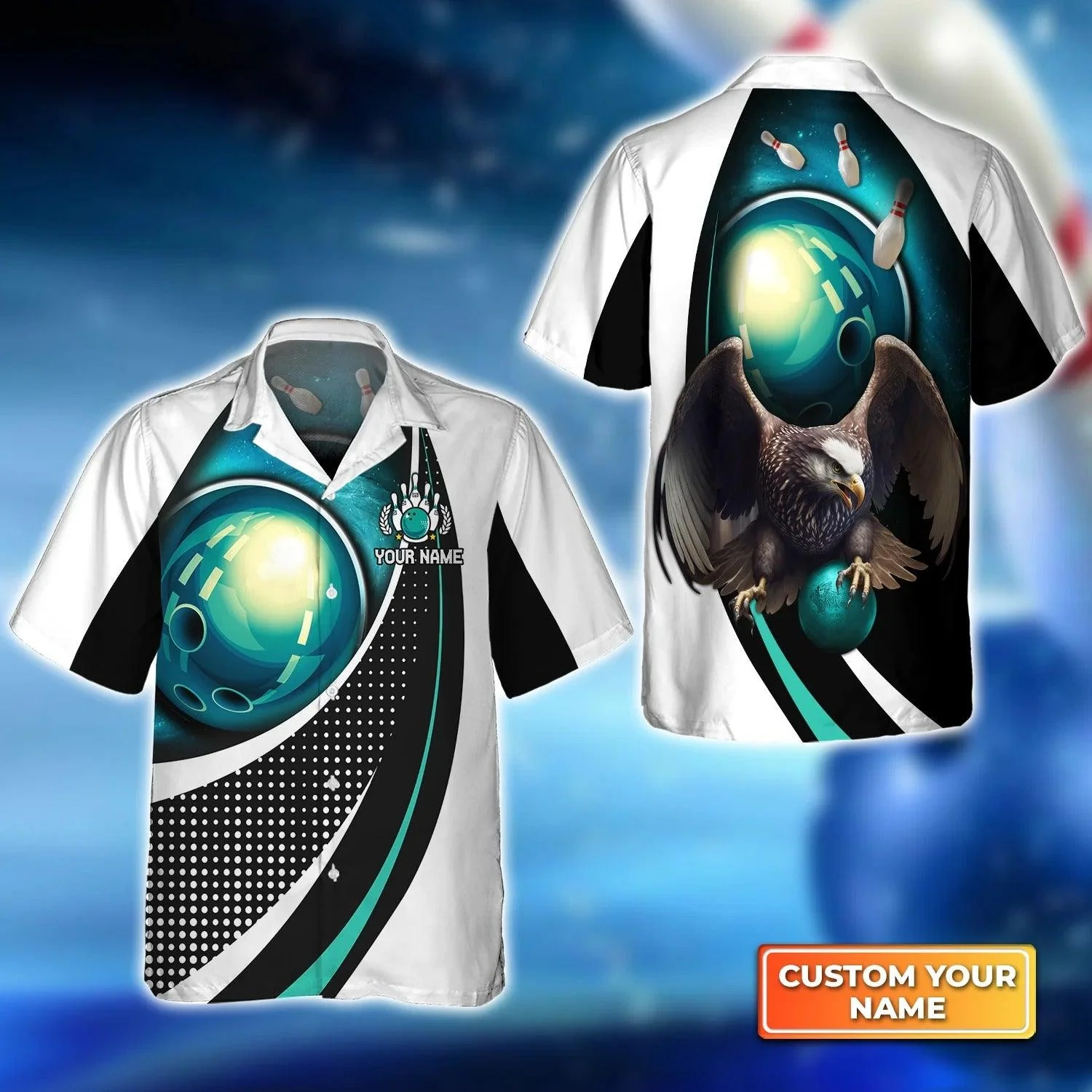Bowling Hawaiian Shirt Custom Name - Eagle Bowling Team Blue Bowling Ball Personalized Aloha Hawaiian Shirt - Gift For Friend, Family, Bowling Lovers