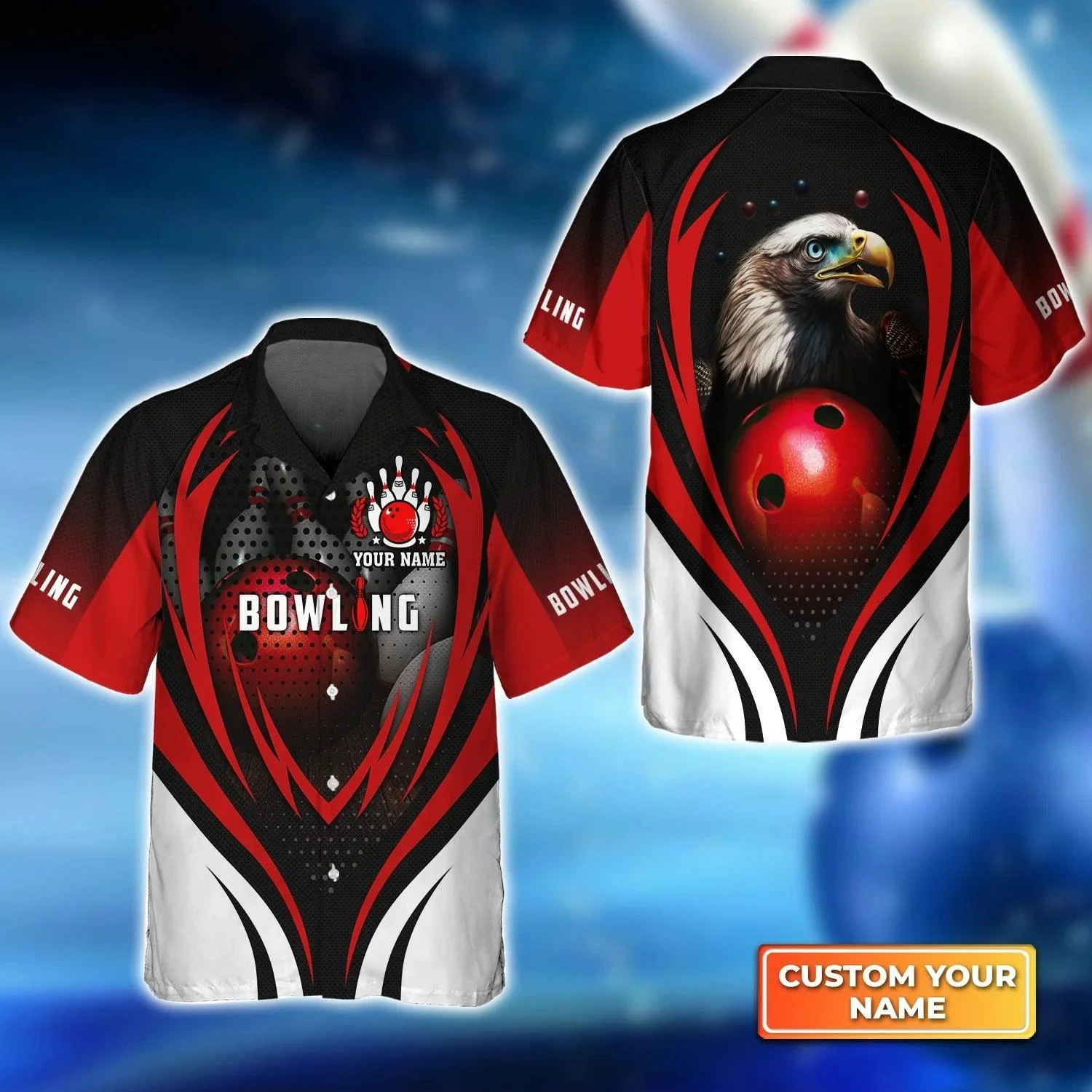 Bowling Hawaiian Shirt Custom Name - Eagle Bowling Team With Red Ball Personalized Aloha Hawaiian Shirt - Gift For Friend, Family, Bowling Lovers