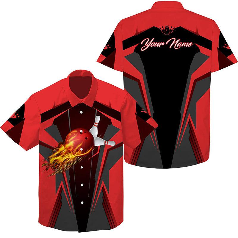 Bowling Hawaiian Shirt Custom Name, Flame Bowling Ball and Pins Personalized Hawaiian Shirt For Men Women, Team, Bowling Lovers, Bowlers