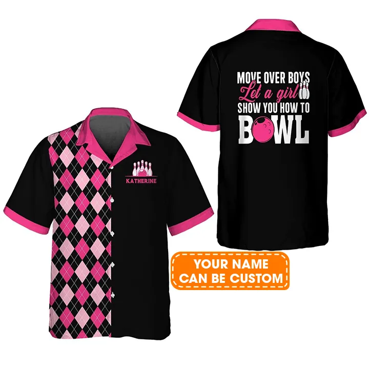 Bowling Hawaiian Shirt Custom Name - Move Over Boys Let A Girl Show You How to Bowl Personalized Aloha Hawaiian Shirt - Gift For Friend, Family, Bowling Lovers - Image 2