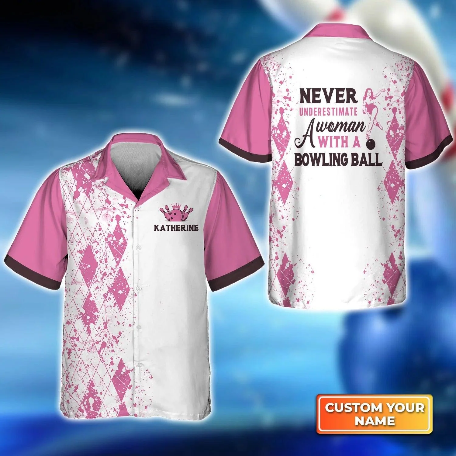 Bowling Hawaiian Shirt Custom Name - Never Underestimate a Woman with a Bowling Ball Pink Bowling Personalized Aloha Hawaiian Shirt - Gift For Friend, Family, Bowling Lovers