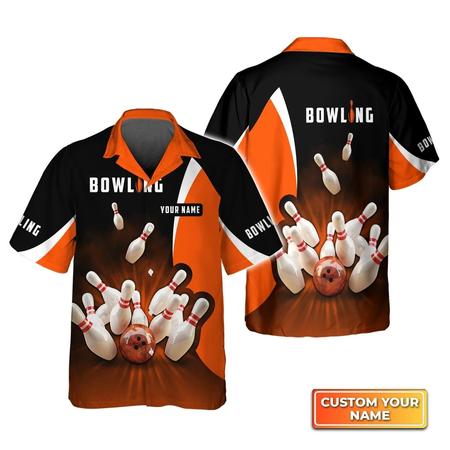 Bowling Hawaiian Shirt Custom Name - Perfect Orange Strike Bowling Personalized Aloha Hawaiian Shirt - Gift For Friend, Family, Bowling Lovers - Image 2