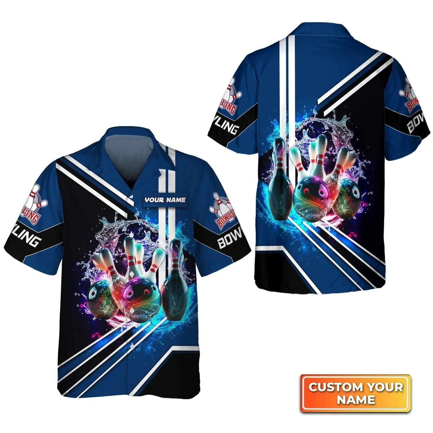 Bowling Hawaiian Shirt Custom Name - Rainbow Bowling Ball And Pins On Water Personalized Aloha Hawaiian Shirt - Gift For Friend, Family, Bowling Lovers - Image 2