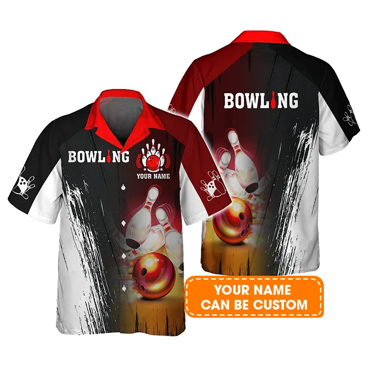 Bowling Hawaiian Shirt Custom Name - Red Bowling Ball Crashing Pins Personalized Aloha Hawaiian Shirt - Gift For Friend, Family, Bowling Lovers - Image 2