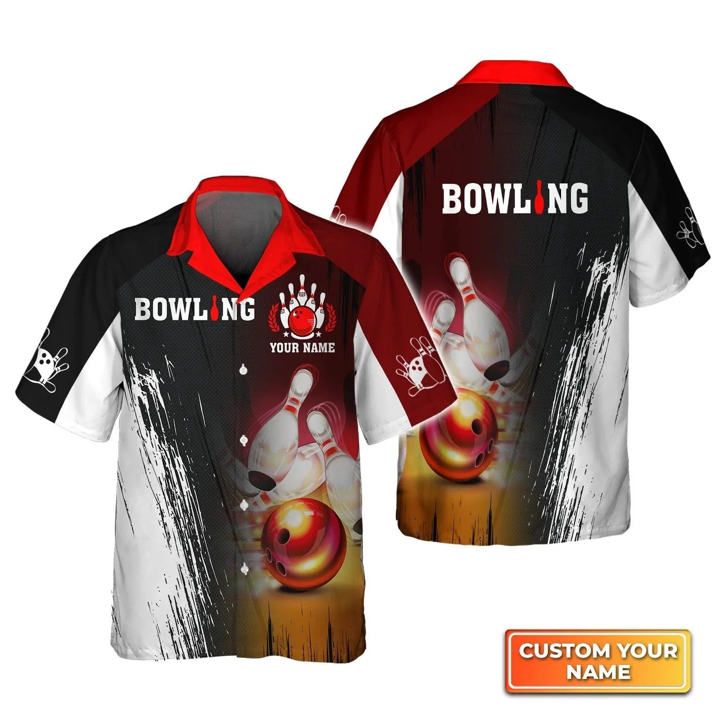 Bowling Hawaiian Shirt Custom Name - Red Bowling Ball Crashing Pins Personalized Aloha Hawaiian Shirt - Gift For Friend, Family, Bowling Lovers - Image 3