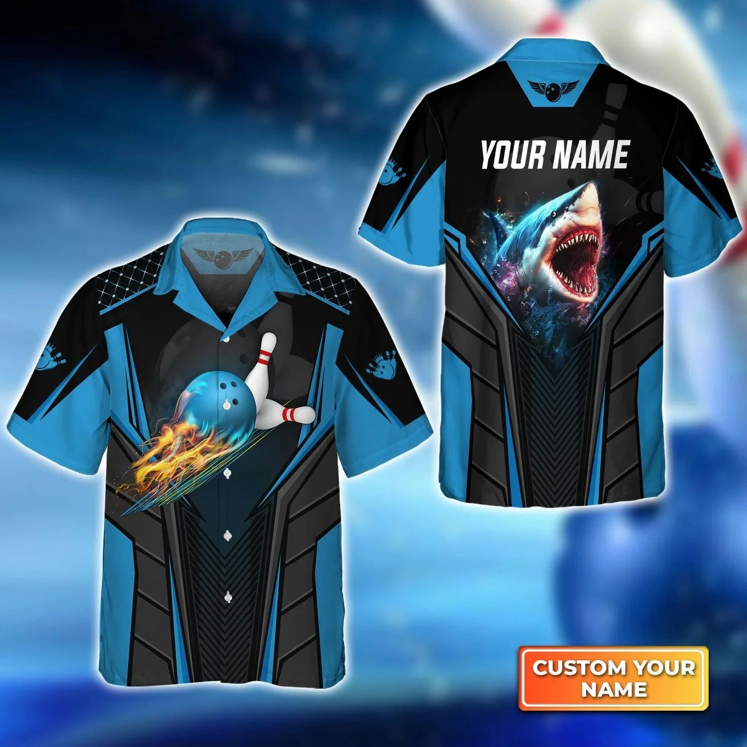 Bowling Hawaiian Shirt Custom Name - Shark Team Blue Bowling Ball Personalized Aloha Hawaiian Shirt - Gift For Friend, Family, Bowling Lovers