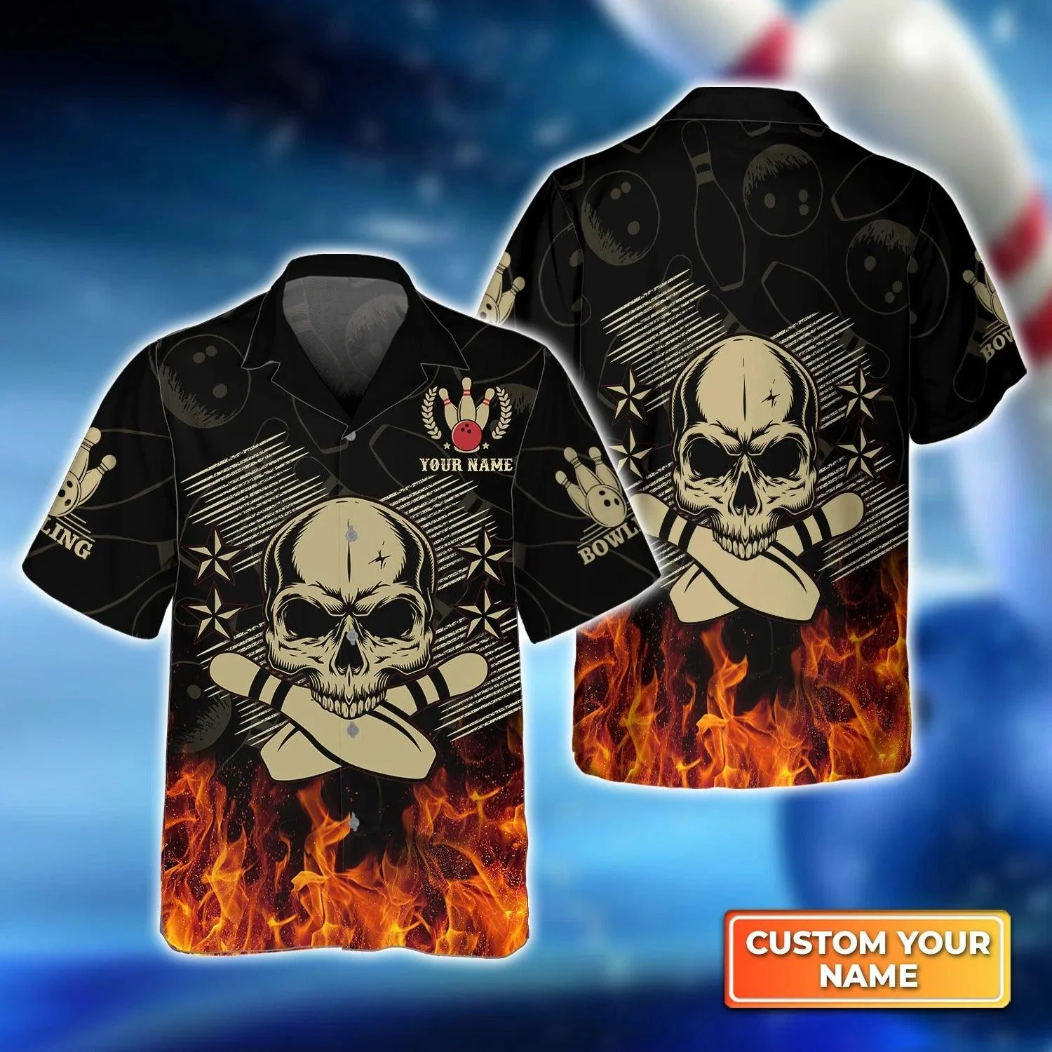 Bowling Hawaiian Shirt Custom Name - Skull Bowling In Fire Personalized Aloha Hawaiian Shirt - Gift For Friend, Family, Bowling Lovers