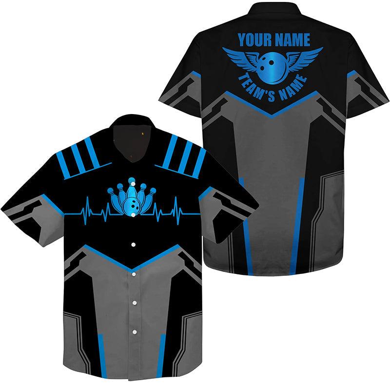 Bowling Hawaiian Shirt Custom Name Team Name, Blue Bowling Ball and Pins Personalized Hawaiian Shirt For Men Women, Team, Bowling Lovers, Bowlers
