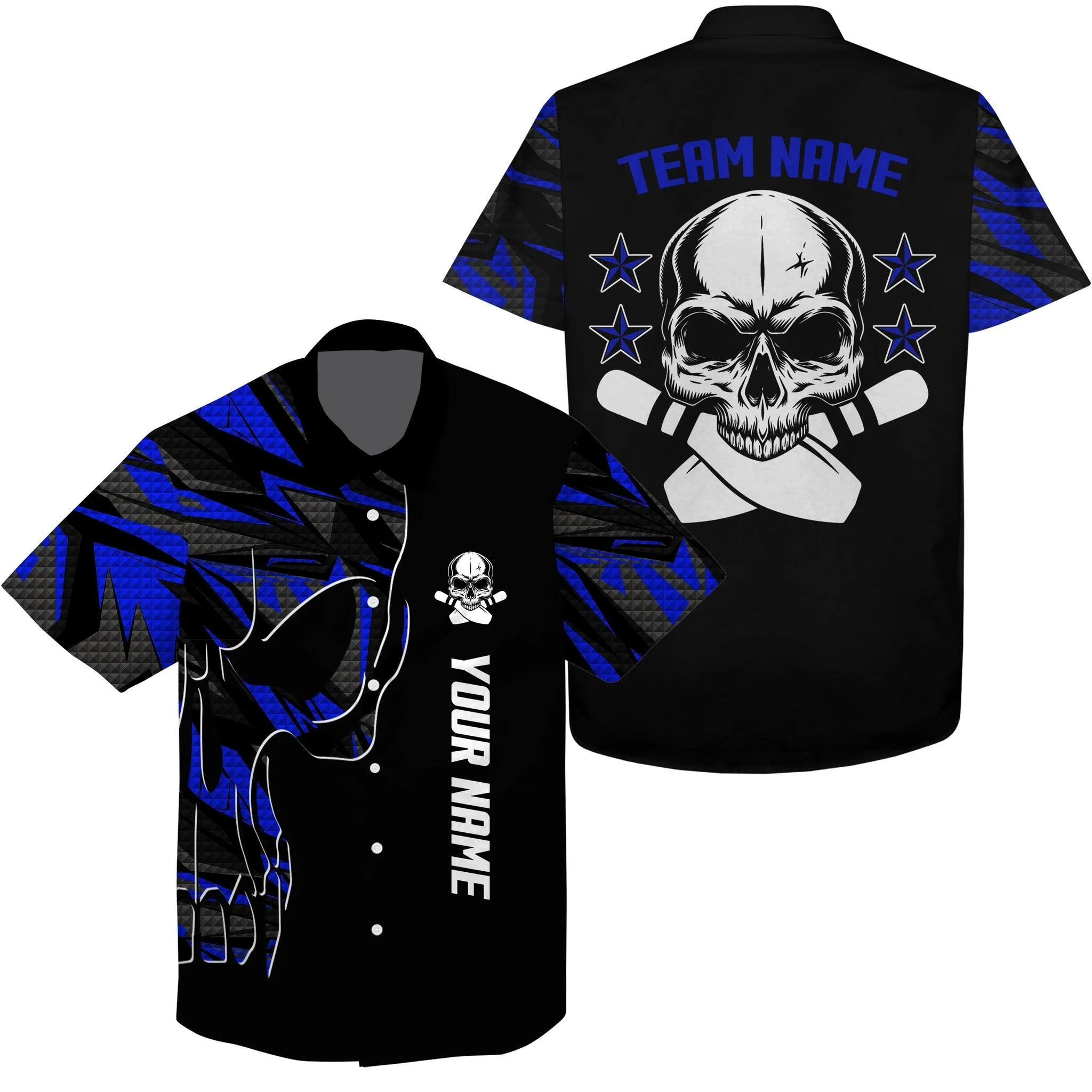 Bowling Hawaiian Shirt Custom Name Team Name, Bowling Blue Skull Personalized Hawaiian Shirt For Men Women, Team, Bowling Lovers, Bowlers