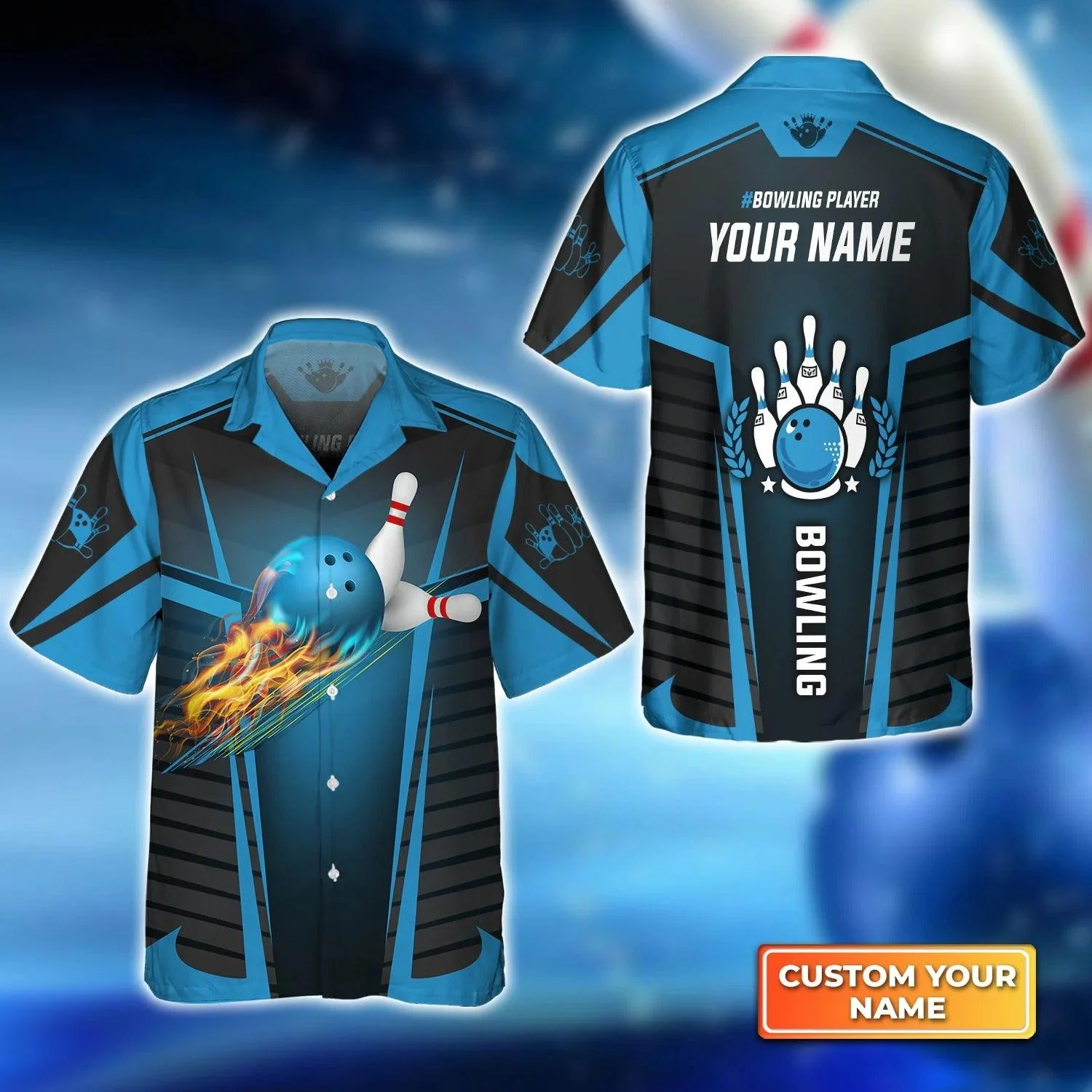 Bowling Hawaiian Shirt Custom Name - The Blue Bowling Ball in Flames Breaks White Skittles Personalized Aloha Hawaiian Shirt - Gift For Friend, Family, Bowling Lovers