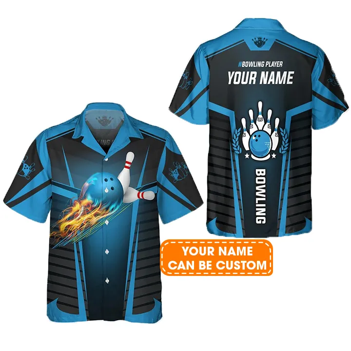 Bowling Hawaiian Shirt Custom Name - The Blue Bowling Ball in Flames Breaks White Skittles Personalized Aloha Hawaiian Shirt - Gift For Friend, Family, Bowling Lovers - Image 2