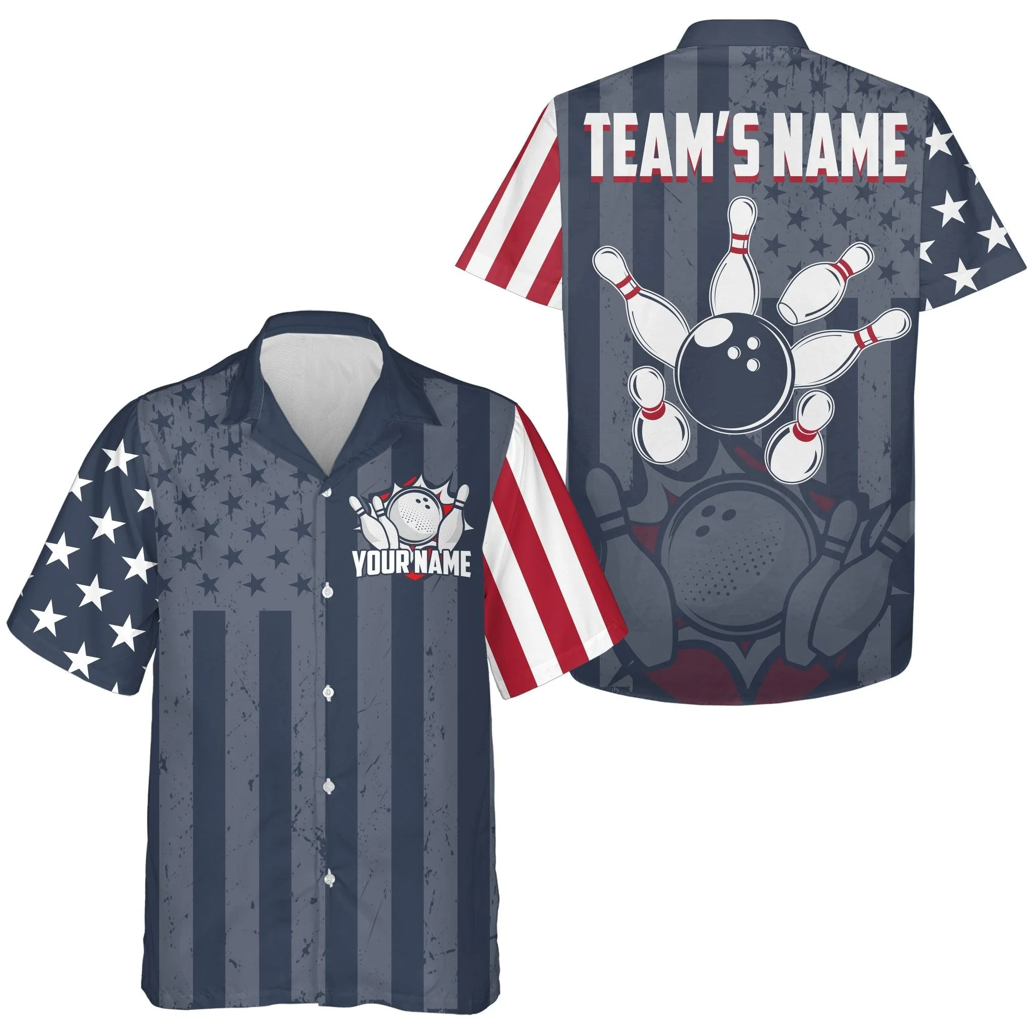 Bowling Hawaiian Shirt Custom Team Name And Name, American Flag Bowling Personalized Shirt For Men Women, Team, Bowling Lovers, Bowlers