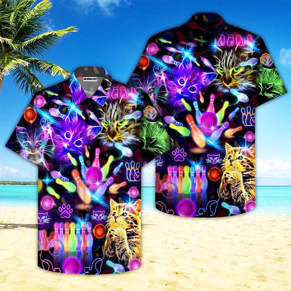 Bowling Hawaiian Shirt, Neon Kitty Play Bowling In The Dark Aloha Hawaiian Shirts For Men and Women - Gift For Bowling Lovers, Friend, Family - Image 2
