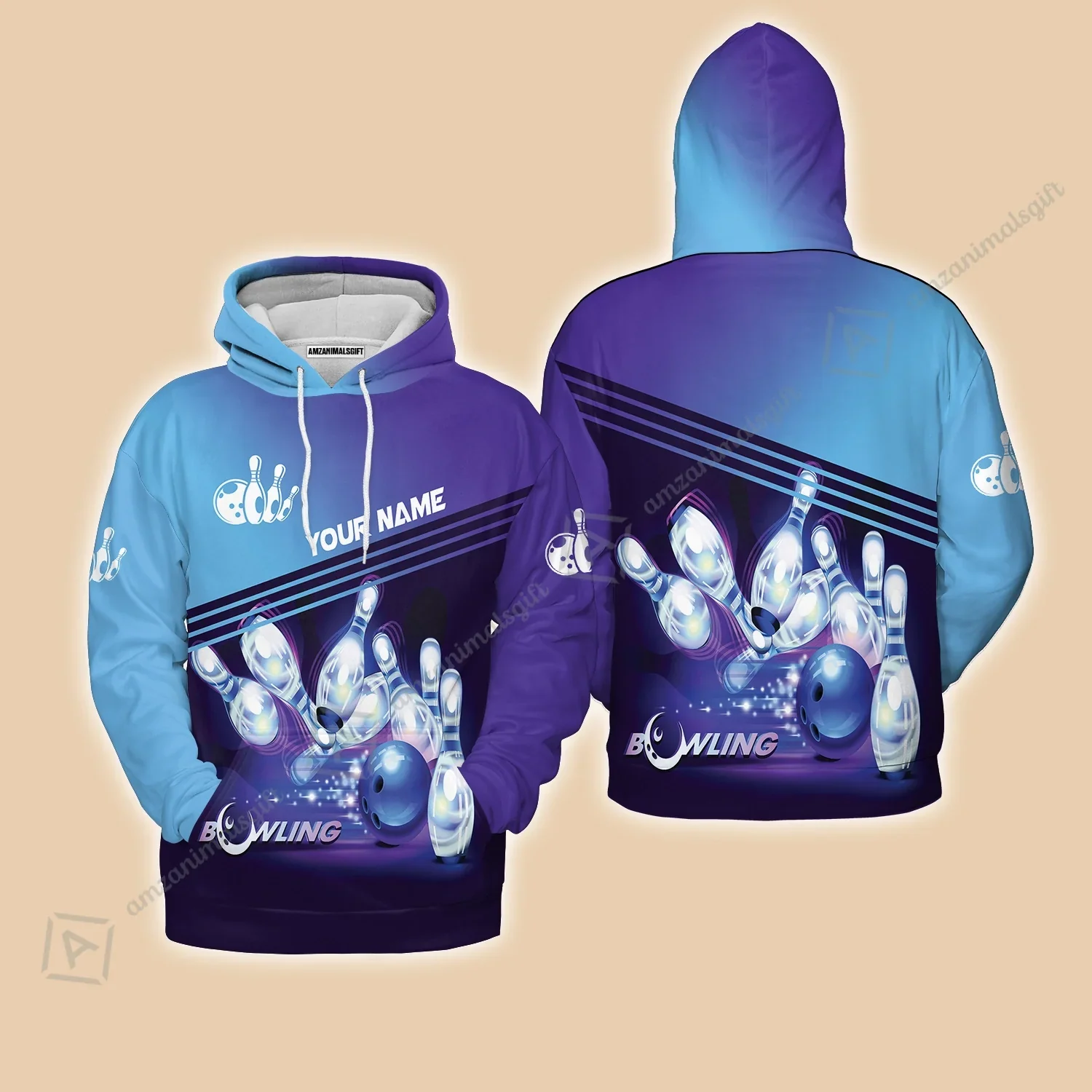 Bowling Hoodie With Custom Name, Personalized Blue Bowling Apparel Uniform Players, Perfect Outfits For Bowling Lovers, Bowlers - Image 2