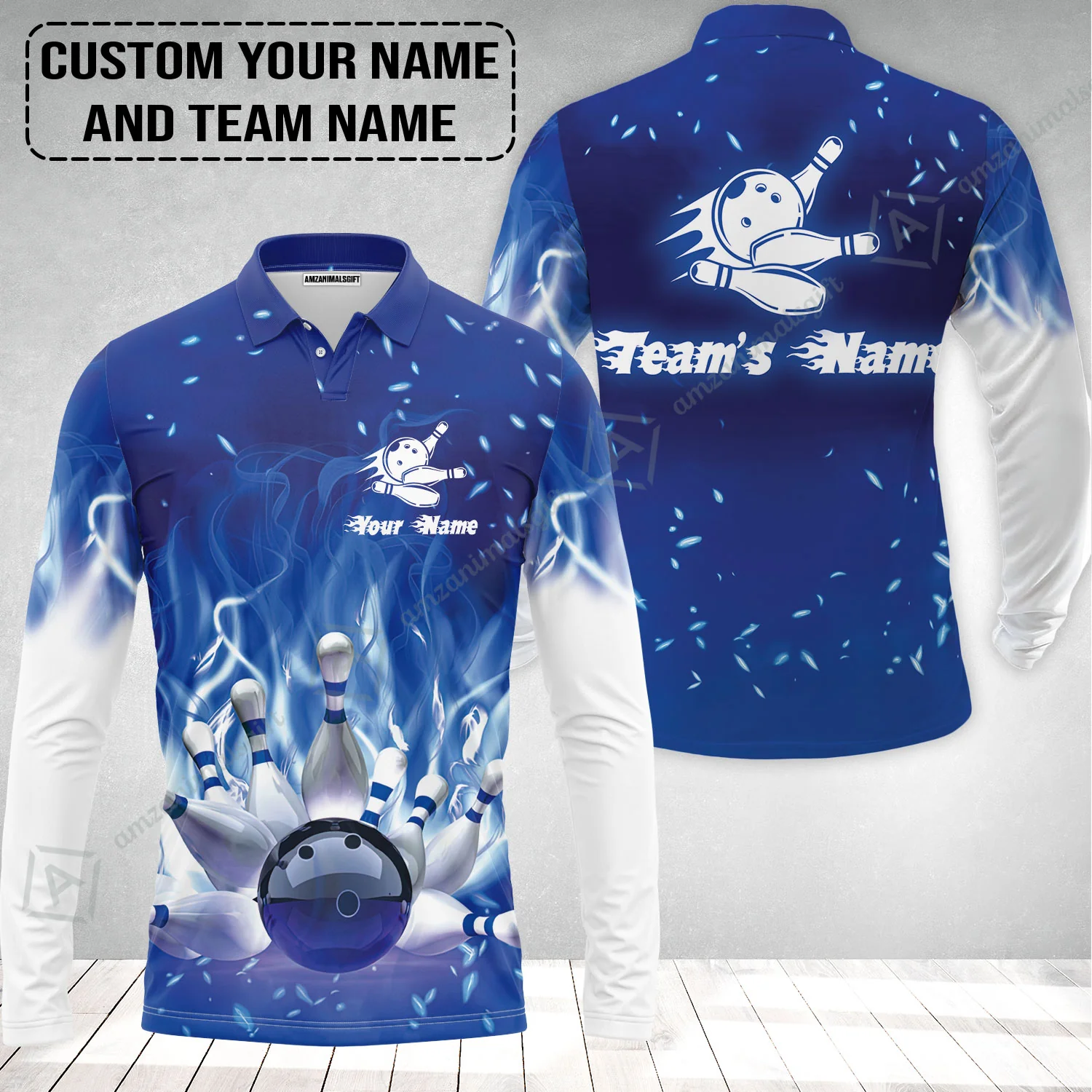 Bowling Long Polo Shirt Custom Name - Bowling On Blue Fire Personalized Bowling Long Polo Shirt - Image 2