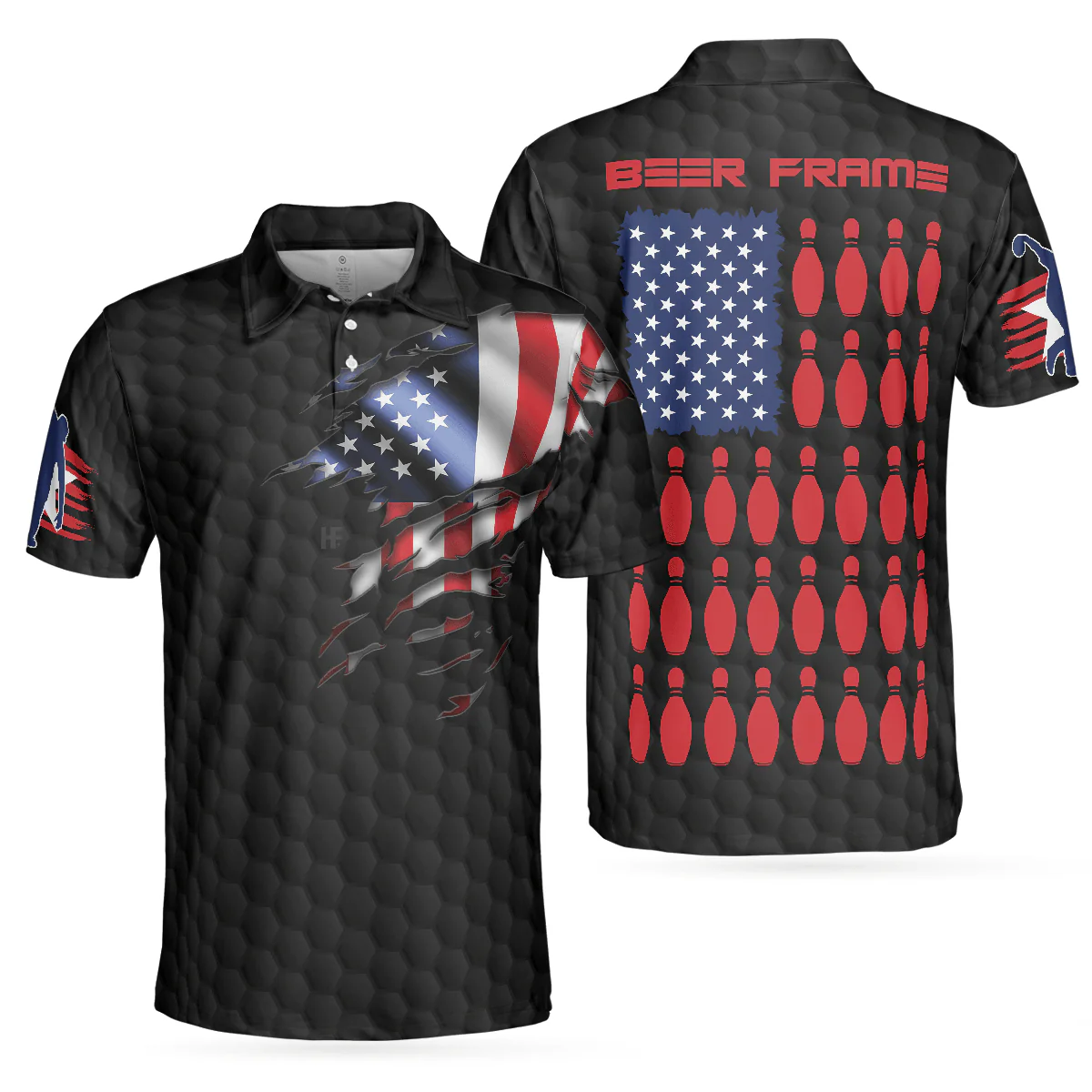 Bowling Men Polo Shirt - Beer Frame With American Flag Bowling Polo Shirt For Men - Perfect Gift For Friend, Family, Bowling Lovers - Image 2