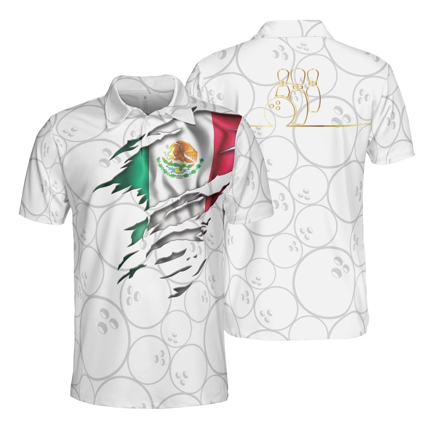 Bowling Men Polo Shirt - Bowling Mexico Flag White Personalized Bowling Polo Shirt - Gift For Friend, Family, Bowling Lovers - Image 2