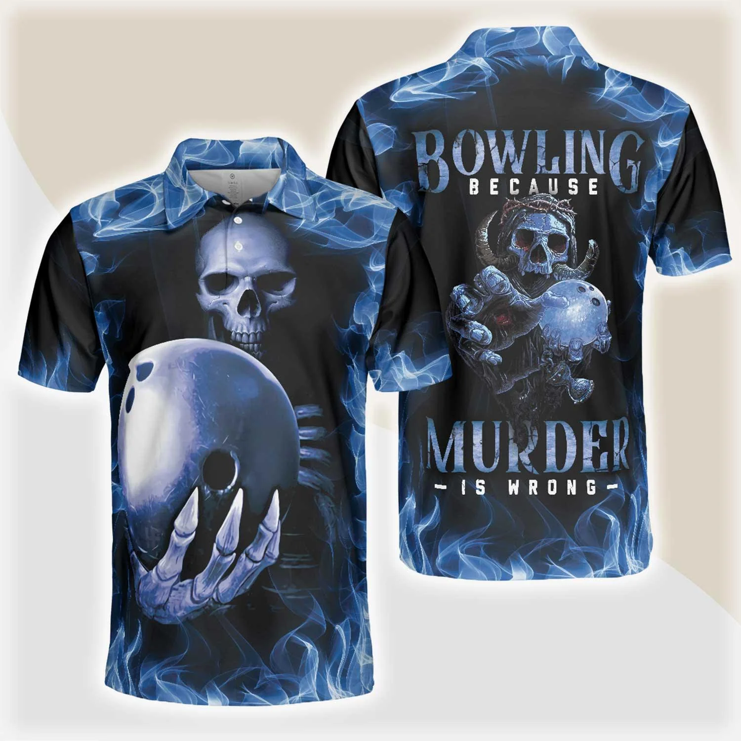 Bowling Men Polo Shirt - Bowling Murder Polo Shirt, Blue Flame, Scary Skull Design For Halloween Bowling Polo Shirt - Gift For Friend, Family, Bowling Lovers