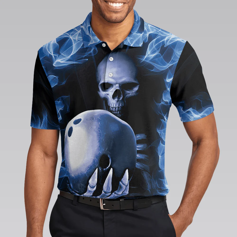 Bowling Men Polo Shirt - Bowling Murder Polo Shirt, Blue Flame, Scary Skull Design For Halloween Bowling Polo Shirt - Gift For Friend, Family, Bowling Lovers - Image 6