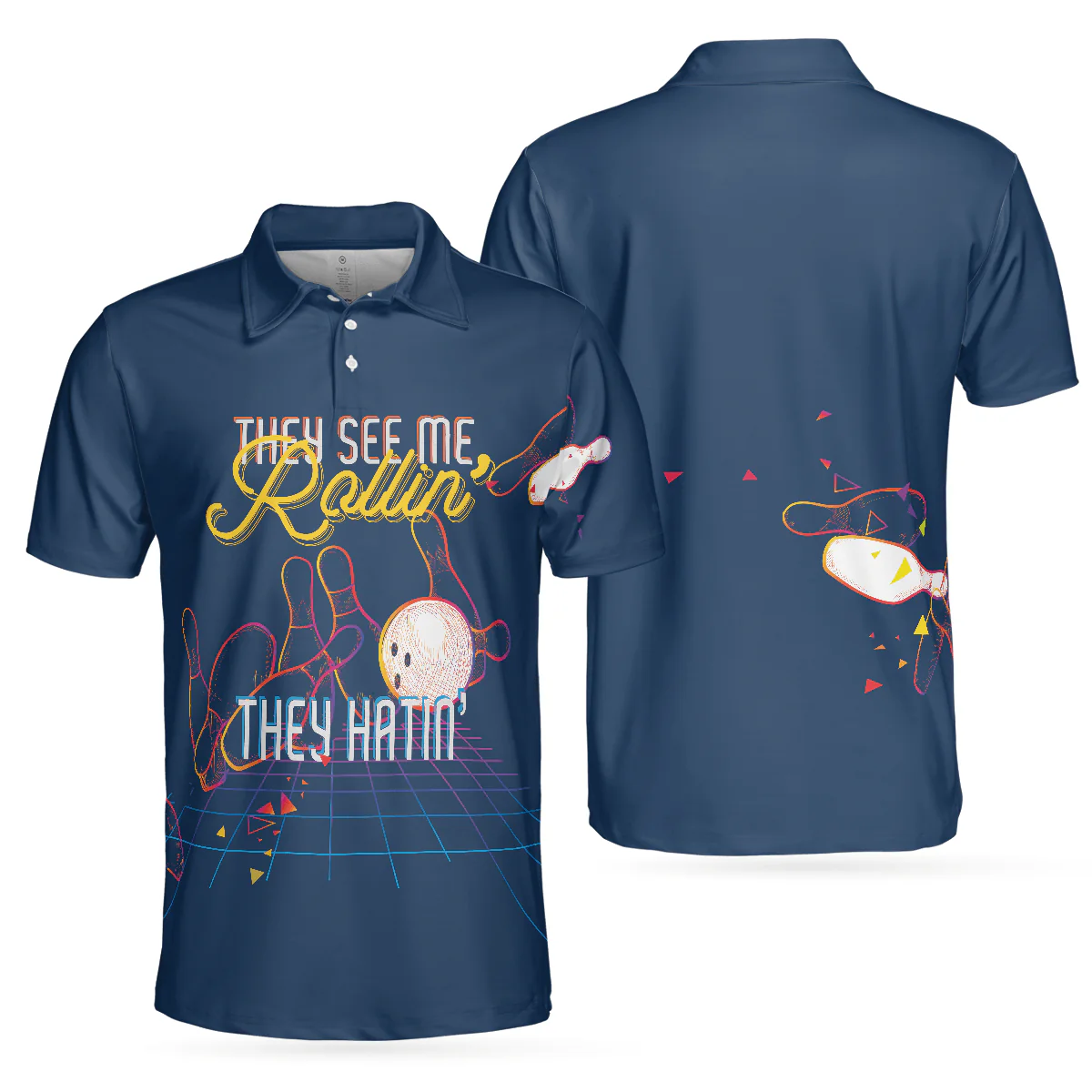 Bowling Men Polo Shirt - Bowling They see me Rollin’ They Hatin’ , Light Art Bowling Polo Shirt - Gift For Friend, Family, Bowling Lovers - Image 2