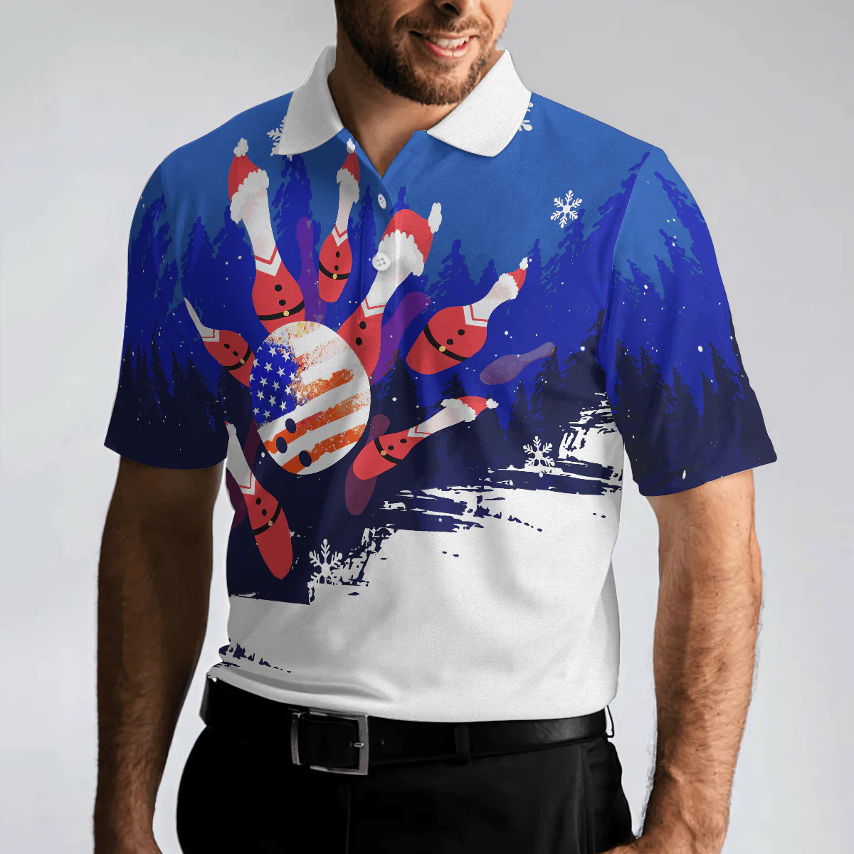 Bowling Men Polo Shirt - Christmas Bowling with Santa Pins Men Polo Shirts, American Flag Bowling Polo Shirt - Gift For Friend, Family, Bowling Lovers - Image 5