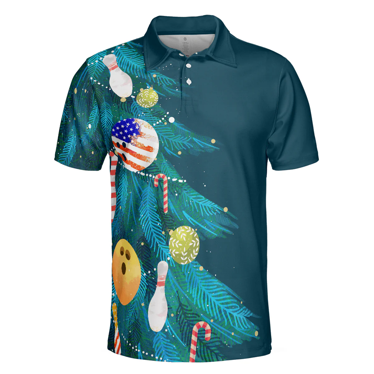 Bowling Men Polo Shirt - Christmas Tree Decorations with Bowling, American Flag Bowling Polo Shirt - Gift For Friend, Family, Bowling Lovers - Image 4