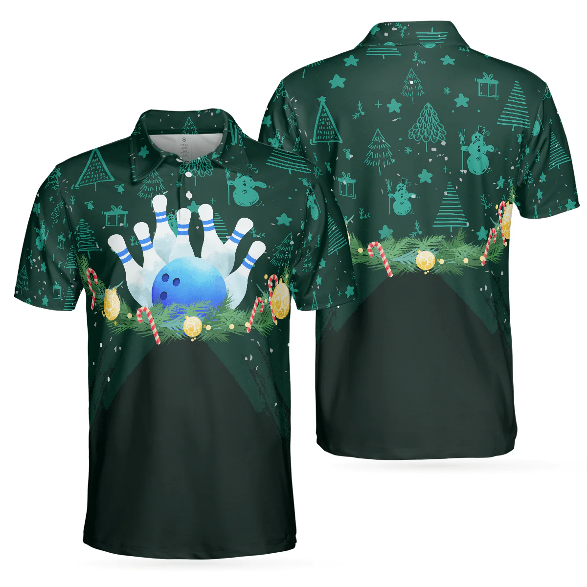 Bowling Men Polo Shirt - Christmas Wreath With Bowling Balls, Christmas Pattern Bowling Polo Shirt - Gift For Friend, Family, Bowling Lovers - Image 2
