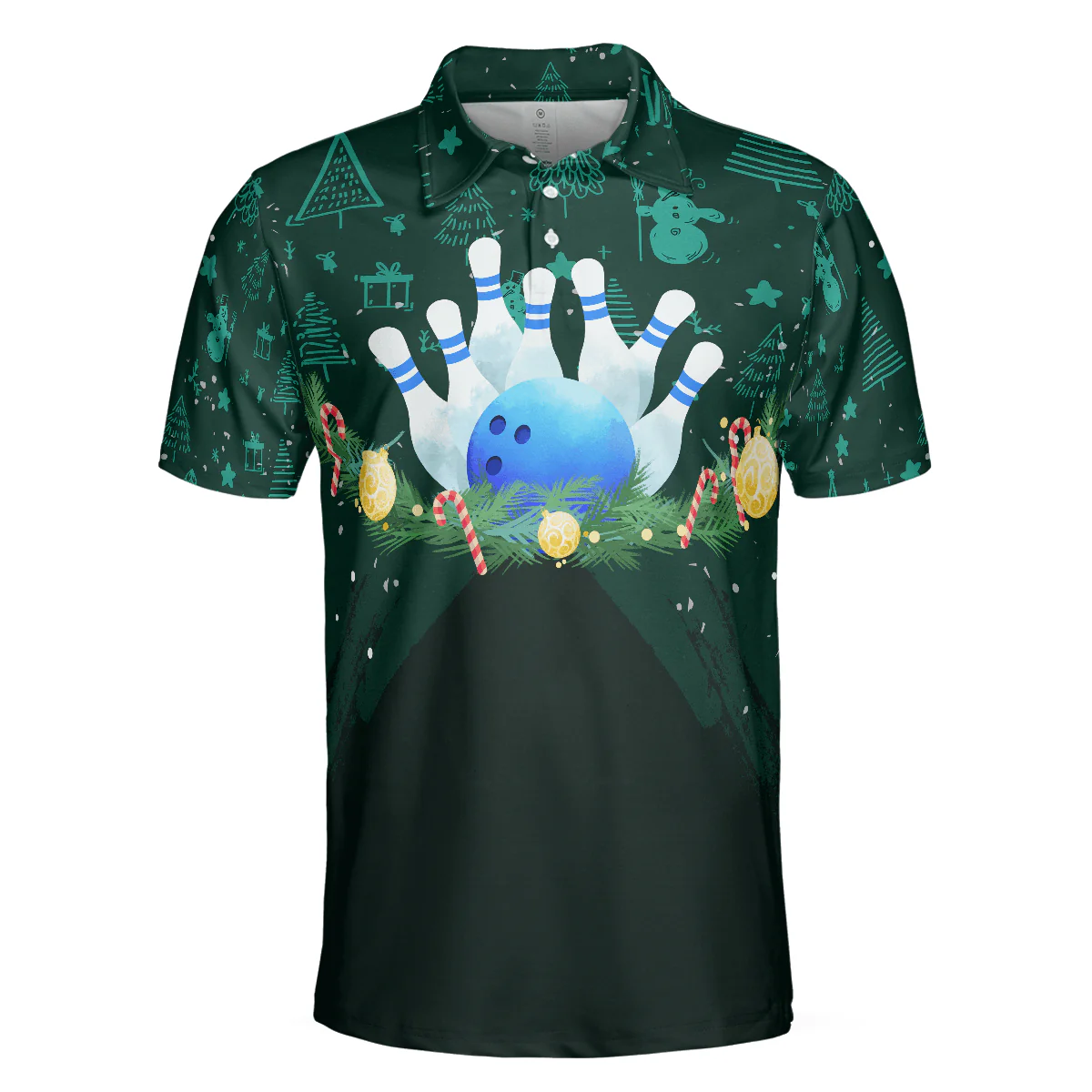 Bowling Men Polo Shirt - Christmas Wreath With Bowling Balls, Christmas Pattern Bowling Polo Shirt - Gift For Friend, Family, Bowling Lovers - Image 4