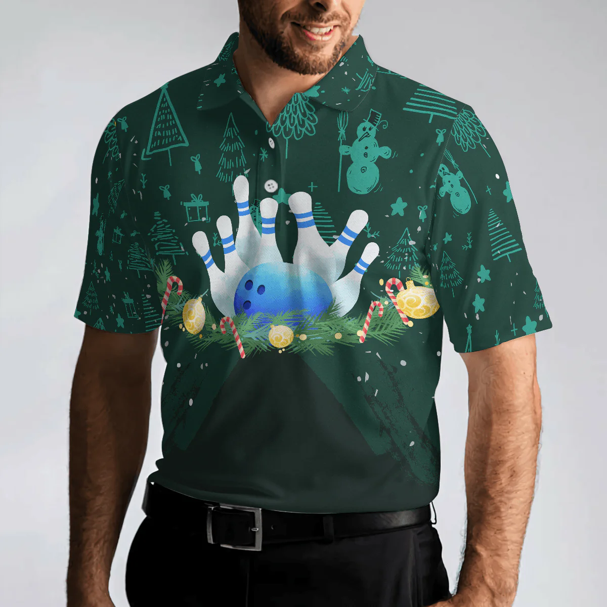 Bowling Men Polo Shirt - Christmas Wreath With Bowling Balls, Christmas Pattern Bowling Polo Shirt - Gift For Friend, Family, Bowling Lovers - Image 5