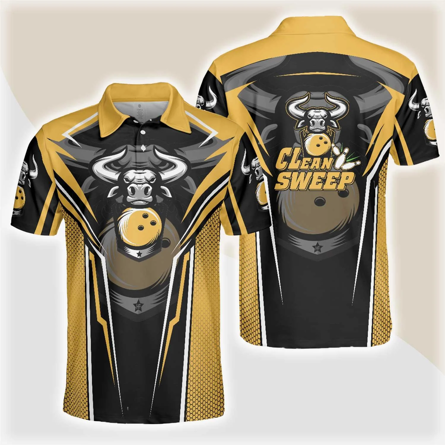 Bowling Men Polo Shirt - Clean Sweep Yellow Bull Bowling, Digital Bowling Alley Bowling Polo Shirt - Gift For Friend, Family, Bowling Lovers