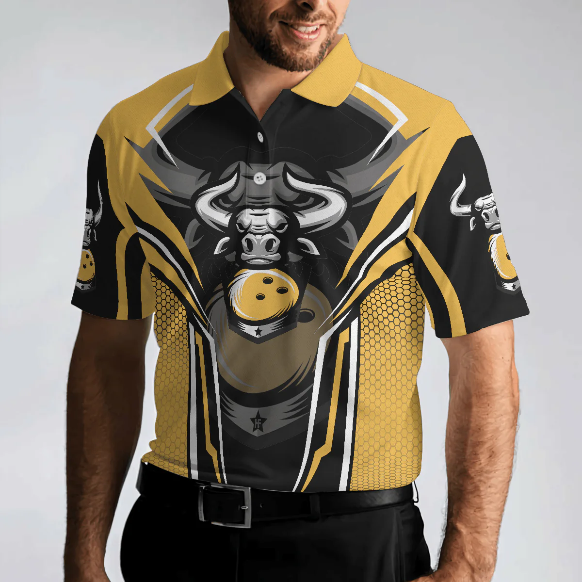 Bowling Men Polo Shirt - Clean Sweep Yellow Bull Bowling, Digital Bowling Alley Bowling Polo Shirt - Gift For Friend, Family, Bowling Lovers - Image 5