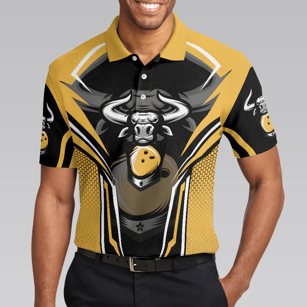 Bowling Men Polo Shirt - Clean Sweep Yellow Bull Bowling, Digital Bowling Alley Bowling Polo Shirt - Gift For Friend, Family, Bowling Lovers - Image 6