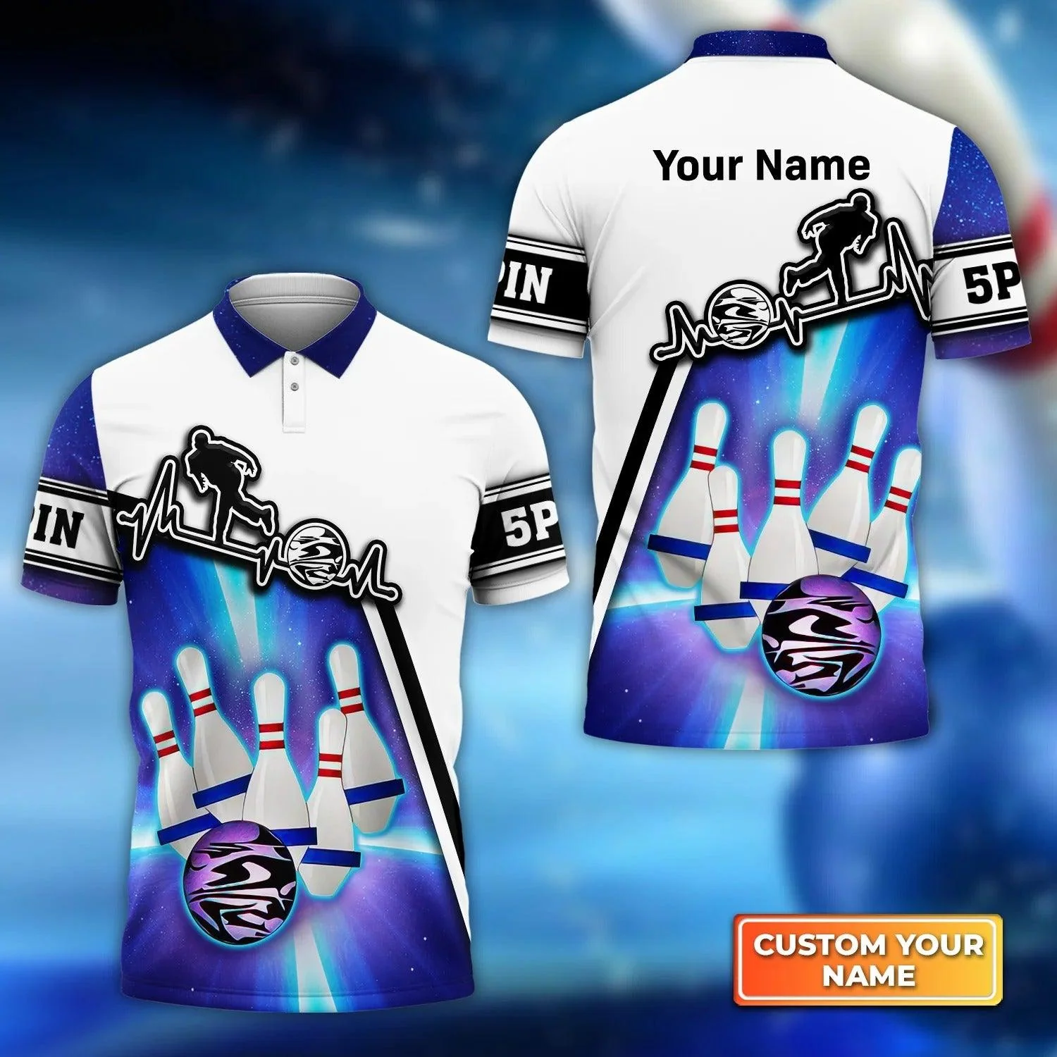 Bowling Men Polo Shirt Custom Name - Blue Bowling 5 Pins Personalized Name Polo Shirt For Men , Bowler, Friend, Family