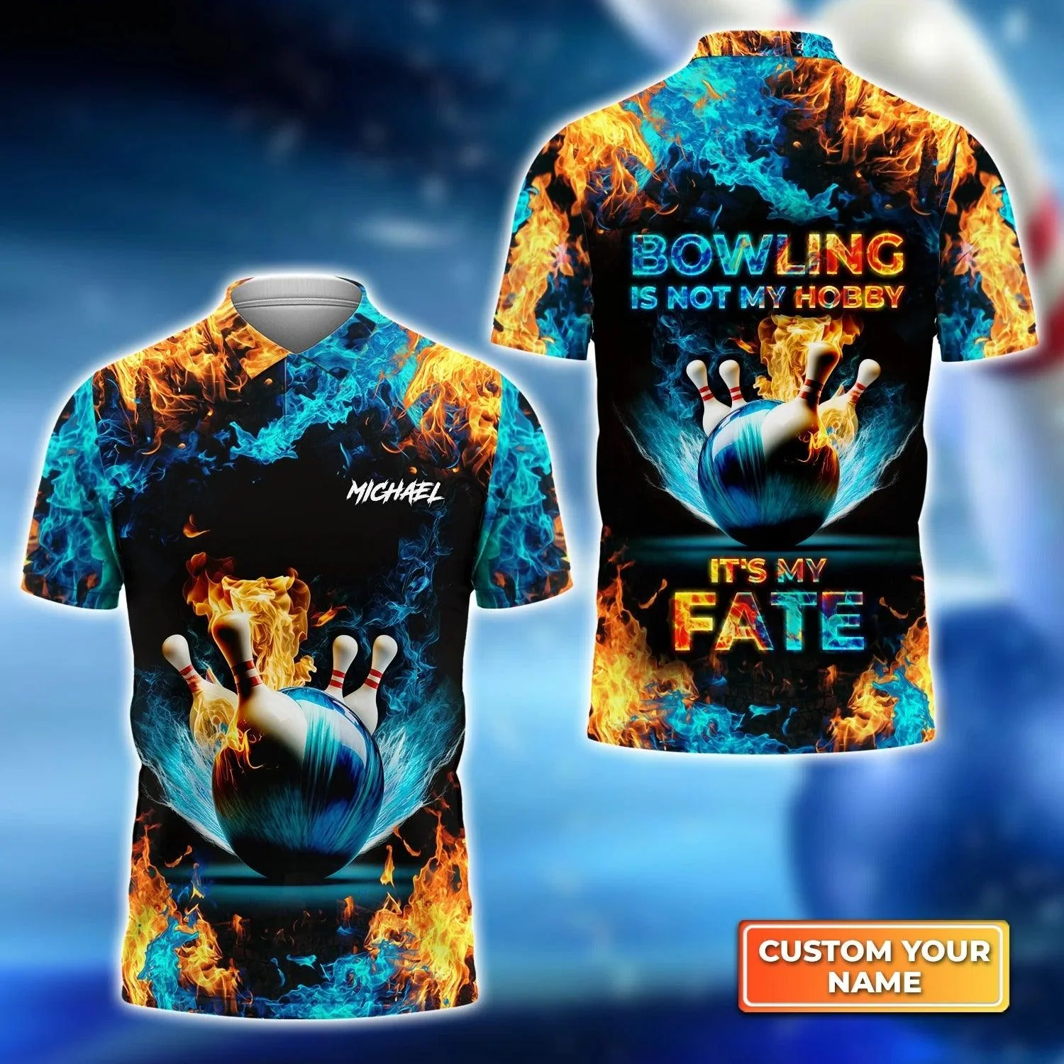 Bowling Men Polo Shirt Custom Name - Blue Bowling Ball And Pins On Fire Bowling Personalized Bowling Polo Shirt - Gift For Friend, Family, Bowling Lovers