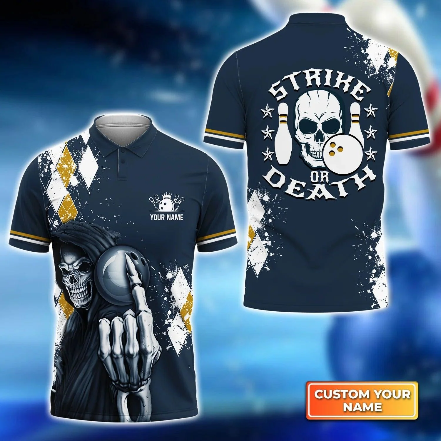 Bowling Men Polo Shirt Custom Name - Blue Bowling Strike Or Death Personalized Bowling Polo Shirt - Gift For Friend, Family, Bowling Lovers
