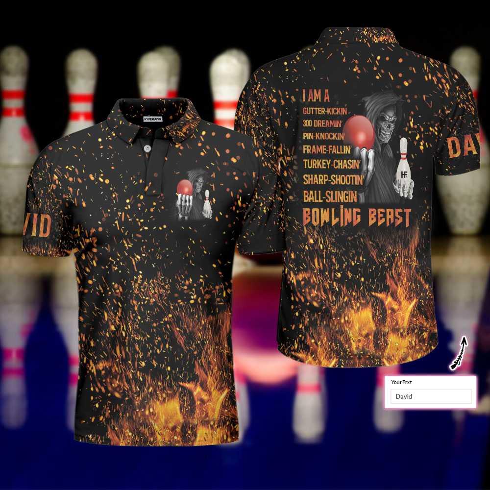 Bowling Men Polo Shirt Custom Name - Bowling Beast Flame Pattern Personalized Bowling Polo Shirt - Gift For Friend, Family, Bowling Lovers