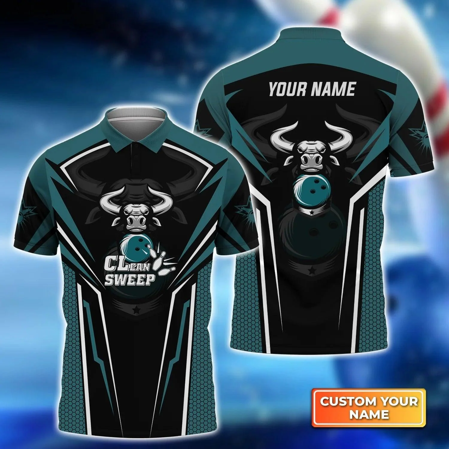 Bowling Men Polo Shirt Custom Name - Bowling Bull Clean Sweep Turquoise Black Personalized Name Polo Shirt For Men, Bowler, Friend, Family