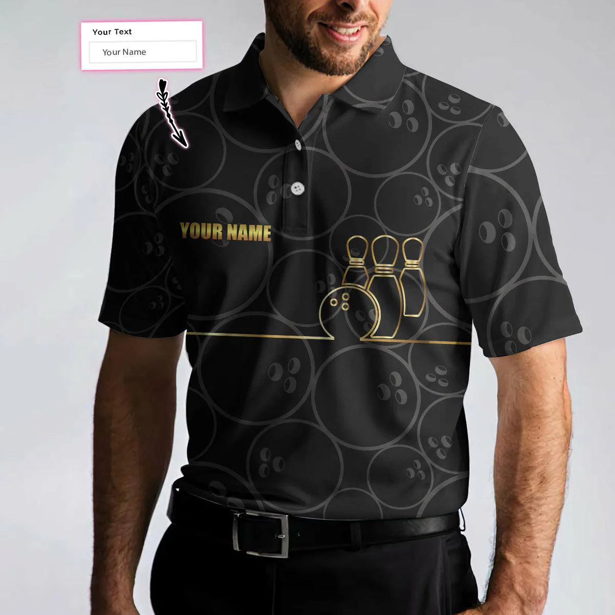 Bowling Men Polo Shirt Custom Name - Bowling Pattern And Golden Personalized Bowling Polo Shirt - Gift For Friend, Family, Bowling Lovers
