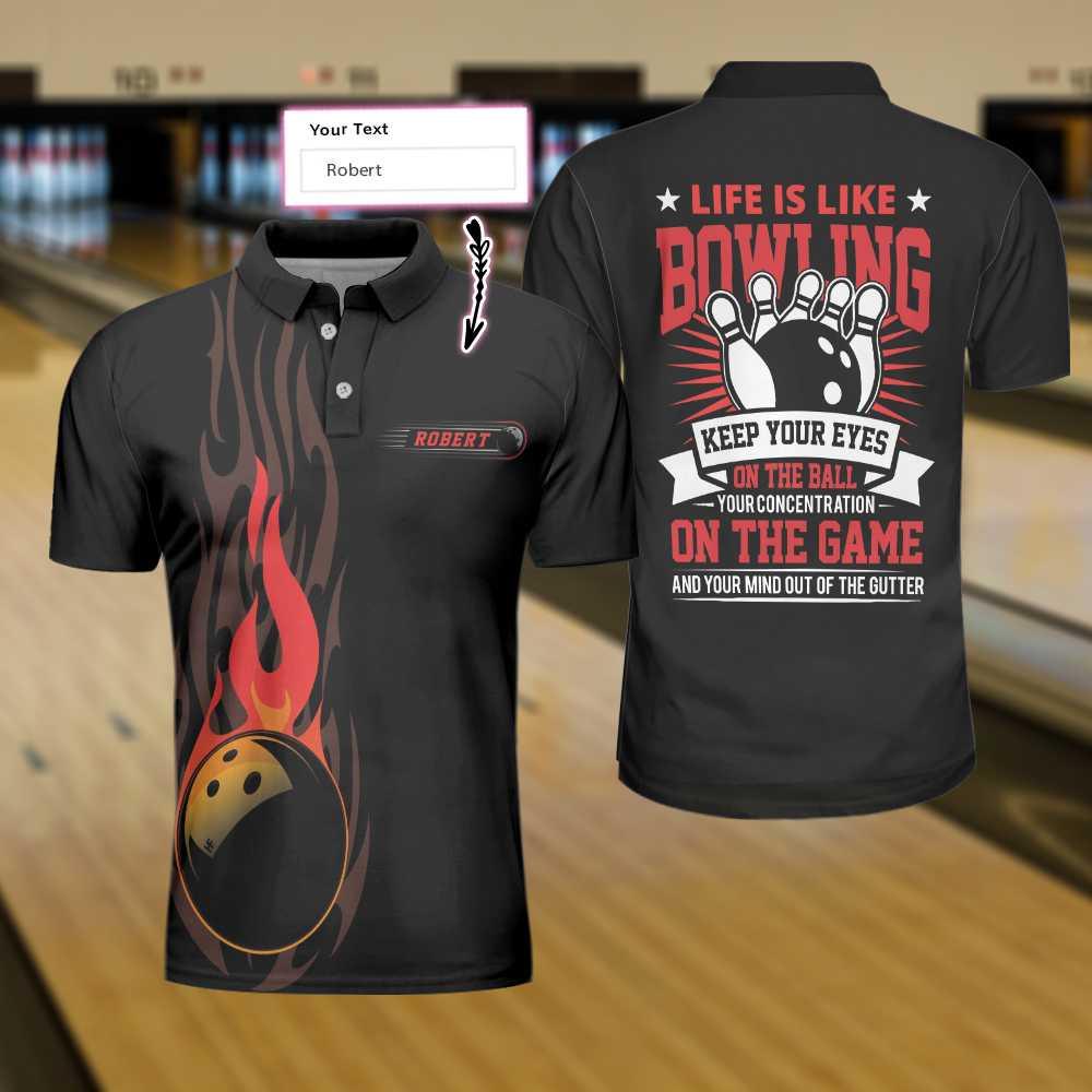 Bowling Men Polo Shirt Custom Name - Fire Bowling Keep Your Eyes On The Balls Bowling Personalized Bowling Polo Shirt - Gift For Friend, Family, Bowling Lovers - Image 2