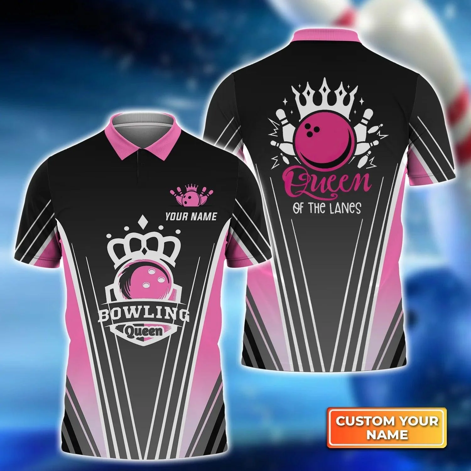 Bowling Men Polo Shirt Custom Name - Pink Bowling Ball Queen Of The Lanes Personalized Name Polo Shirt For Men, Bowler, Friend, Family