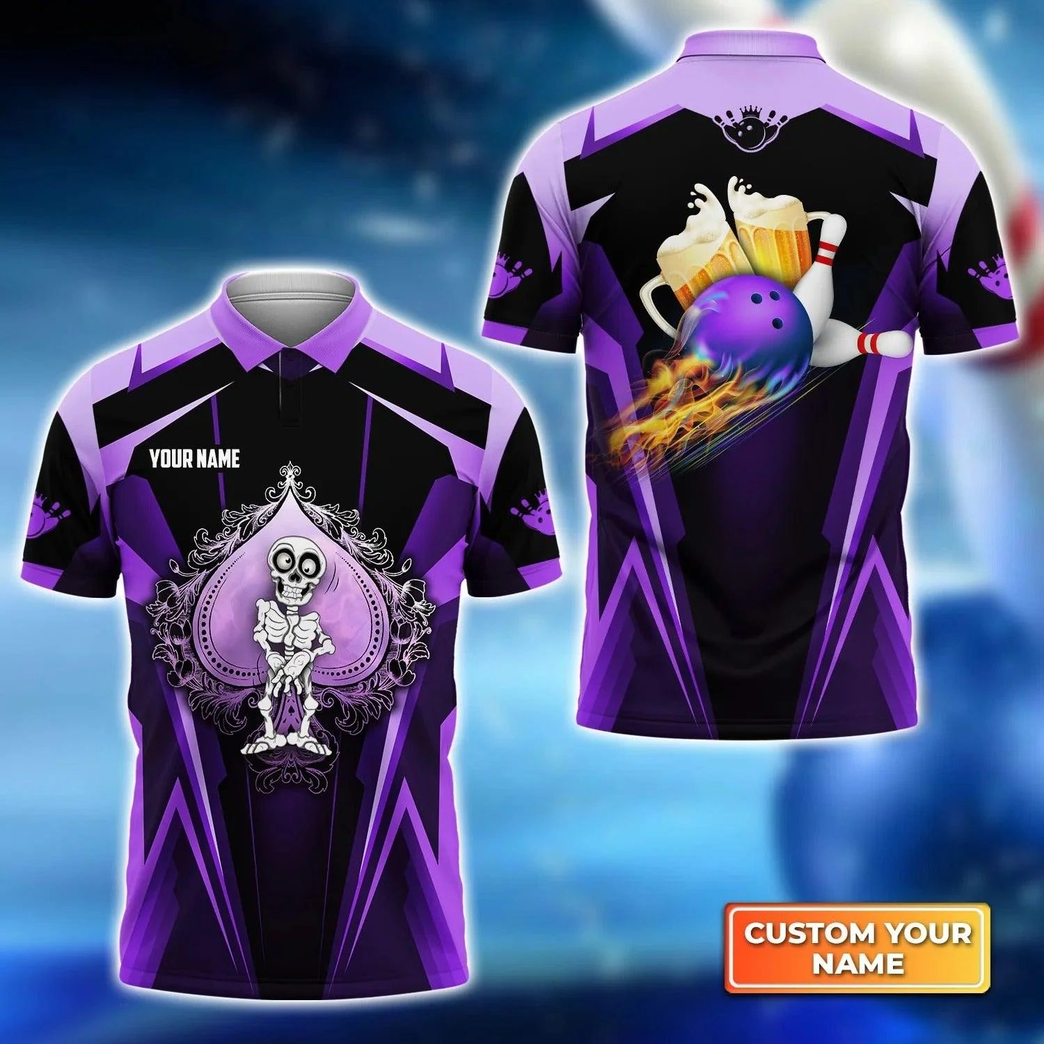 Bowling Men Polo Shirt Custom Name - Purple Spade Bowling And Beer Personalized Bowling Polo Shirt - Gift For Friend, Family, Bowling Lovers