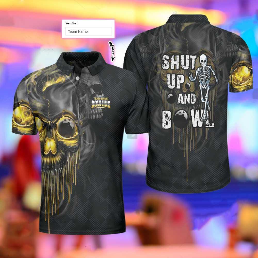 Bowling Men Polo Shirt Custom Name - Shut Up And Bowl Golden Skull Personalized Bowling Polo Shirt - Gift For Friend, Family, Bowling Lovers - Image 6