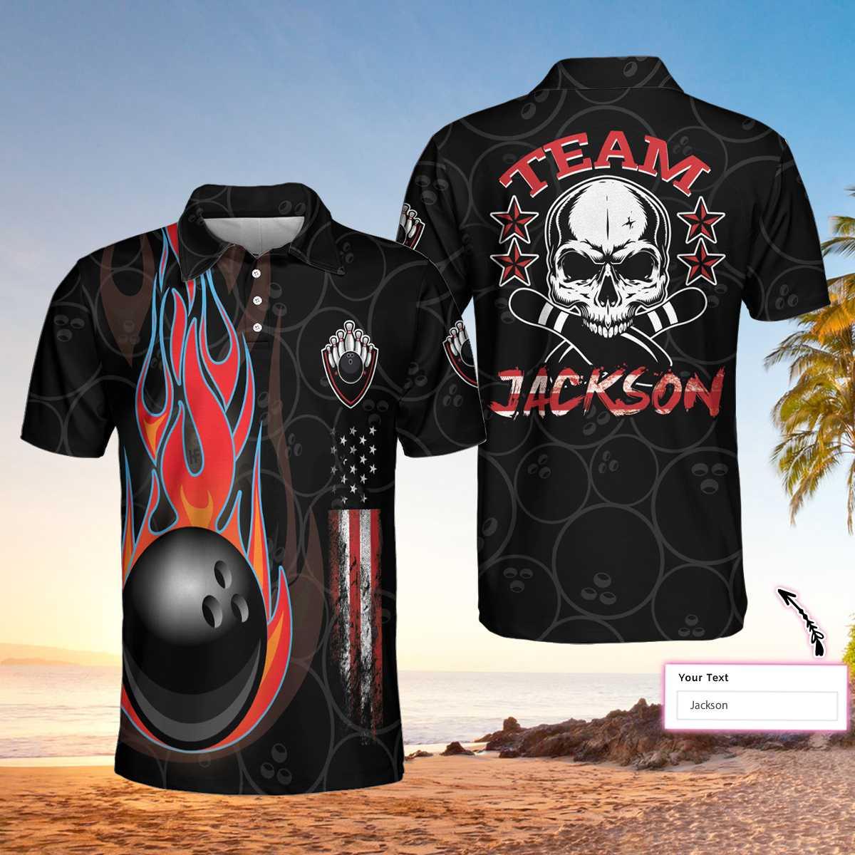 Bowling Men Polo Shirt Custom Name - Skull American Flag Personalized Bowling Polo Shirt - Gift For Friend, Family, Bowling Lovers