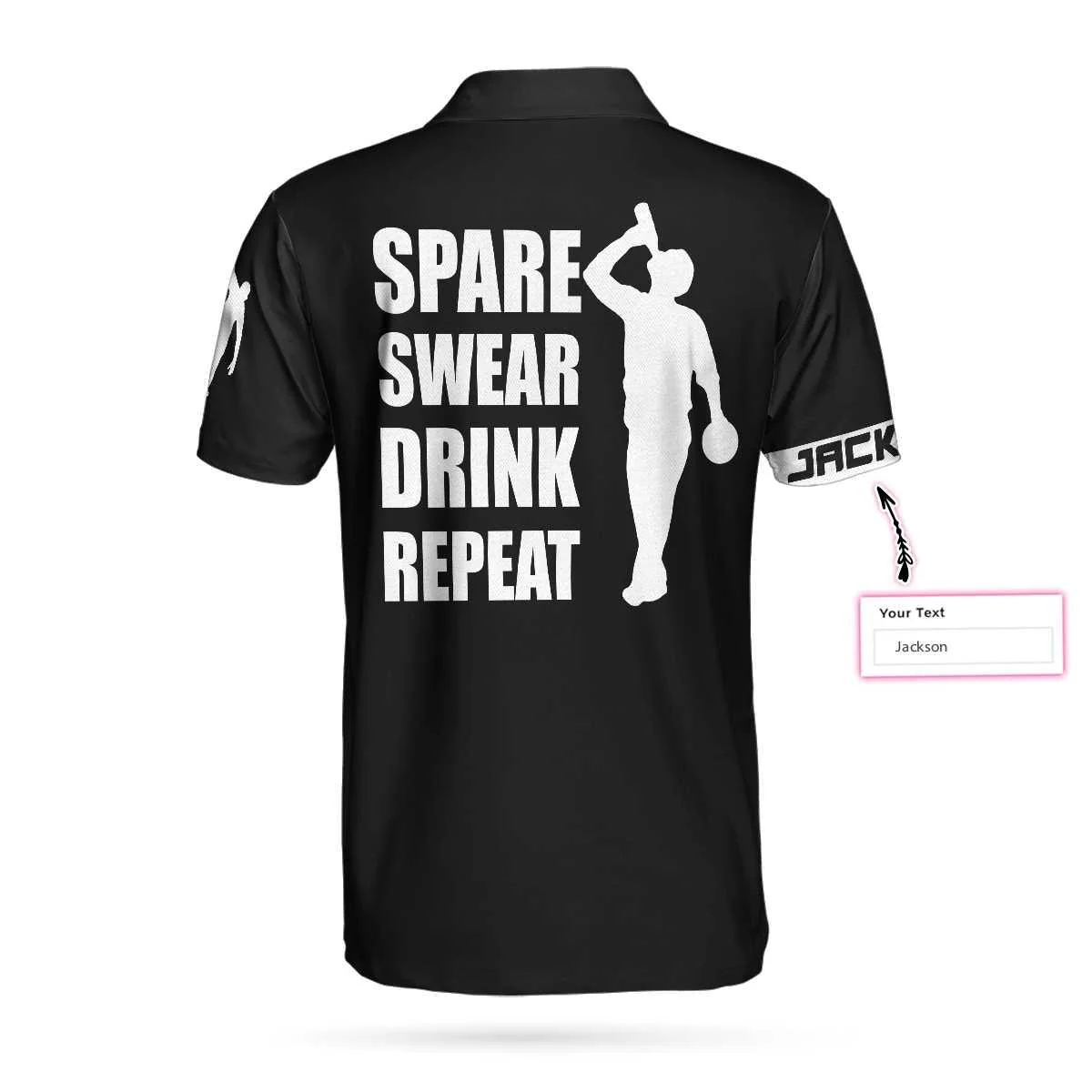 Bowling Men Polo Shirt Custom Name - Spear Swear Drink Repeat, Black American Flag Personalized Bowling Polo Shirt - Gift For Friend, Family, Bowling Lovers - Image 3